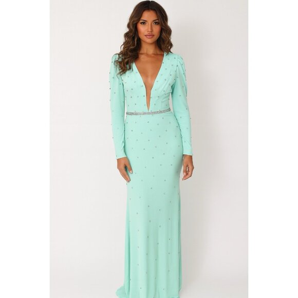 MAC DUGGAL Size 2 Mint BELTED JEWEL ENCRUSTED PLUNGE NECK LONG SLEEVE GOWN New - Picture 2 of 11